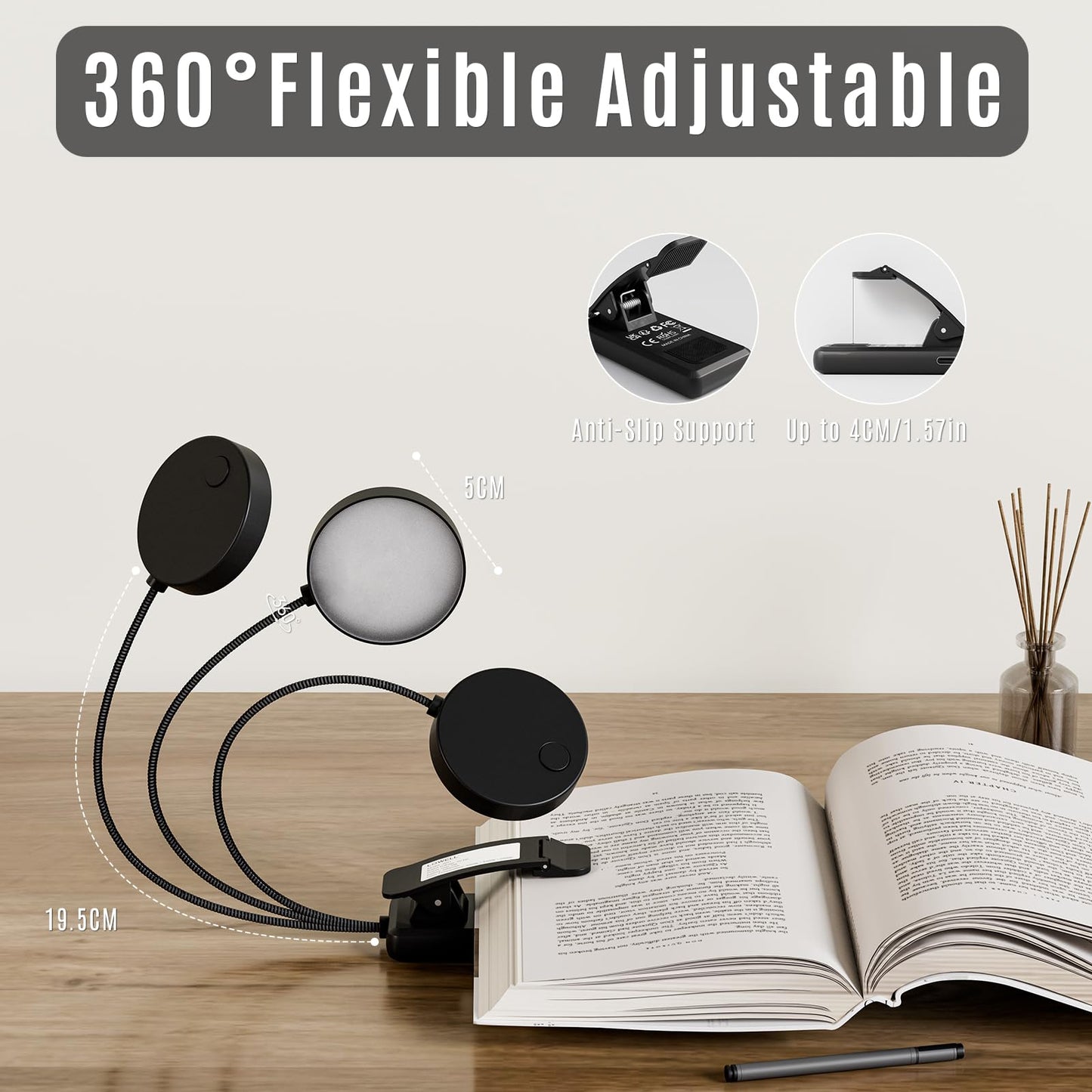 360° flexibel verstellbare schwarze Leselampe mit Gelenken und runden LED-Köpfen