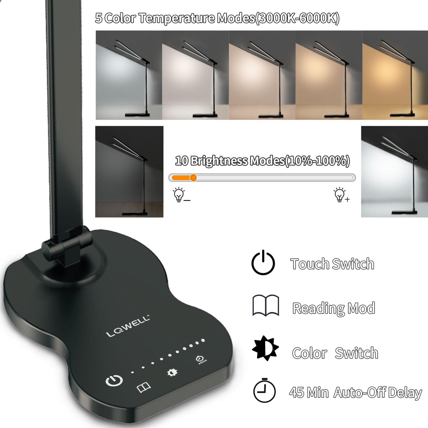 LED-Tischlampe mit Touch-Bedienfeld am Standfuß, Symbole für Farbe und Helligkeit