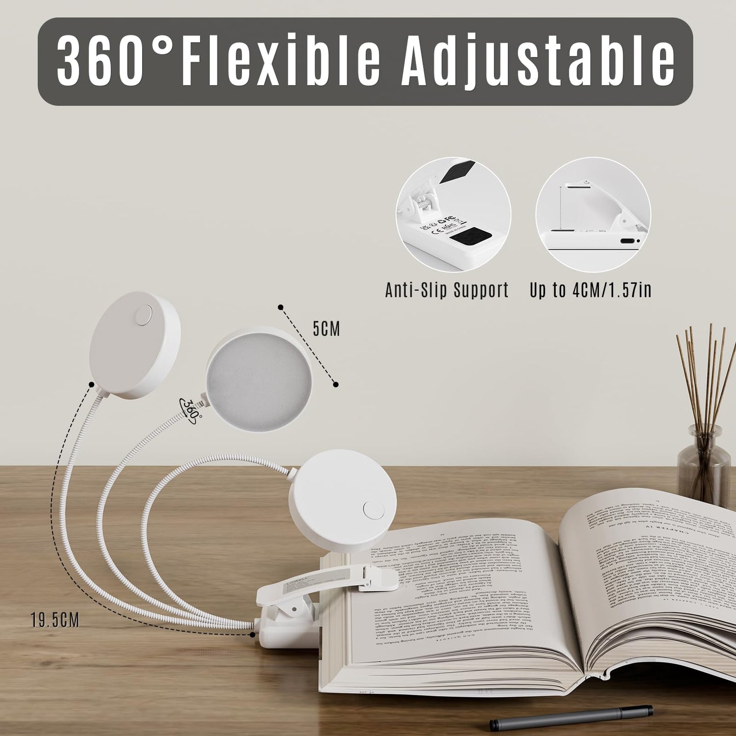 Weiße Buchklemmlampe mit flexibler Rundhalterung und LED-Kopf am Buch