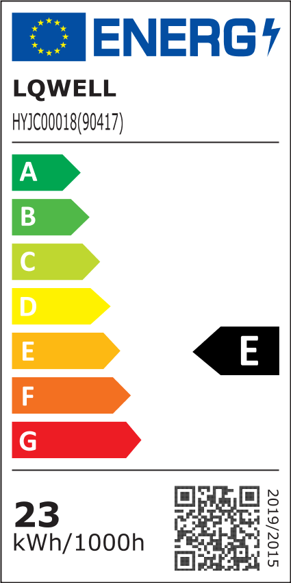 Energieetikett LED-Deckenleuchte: LQWELL, Effizienzklasse A bis G, 23 kWh/1000h, QR-Code.
