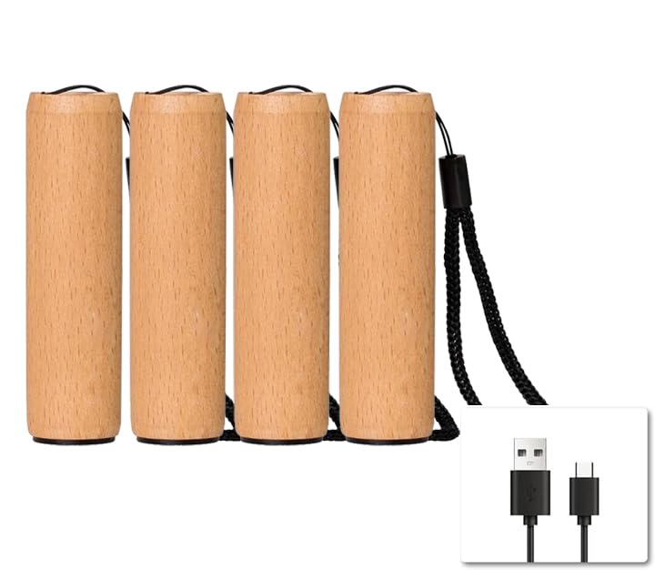 Set Mini-Taschenlampen mit Holzschale, vier Stück, schwarze Trageschnur