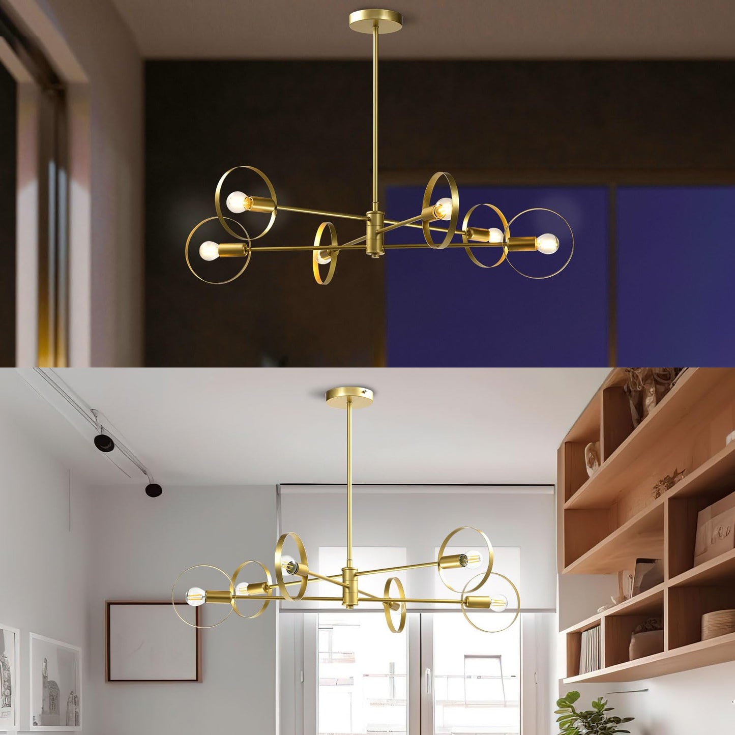 Goldener Kronleuchter mit sechs Lampenarmen und offenen Glaskolben im Wohn-/Flurbereich
