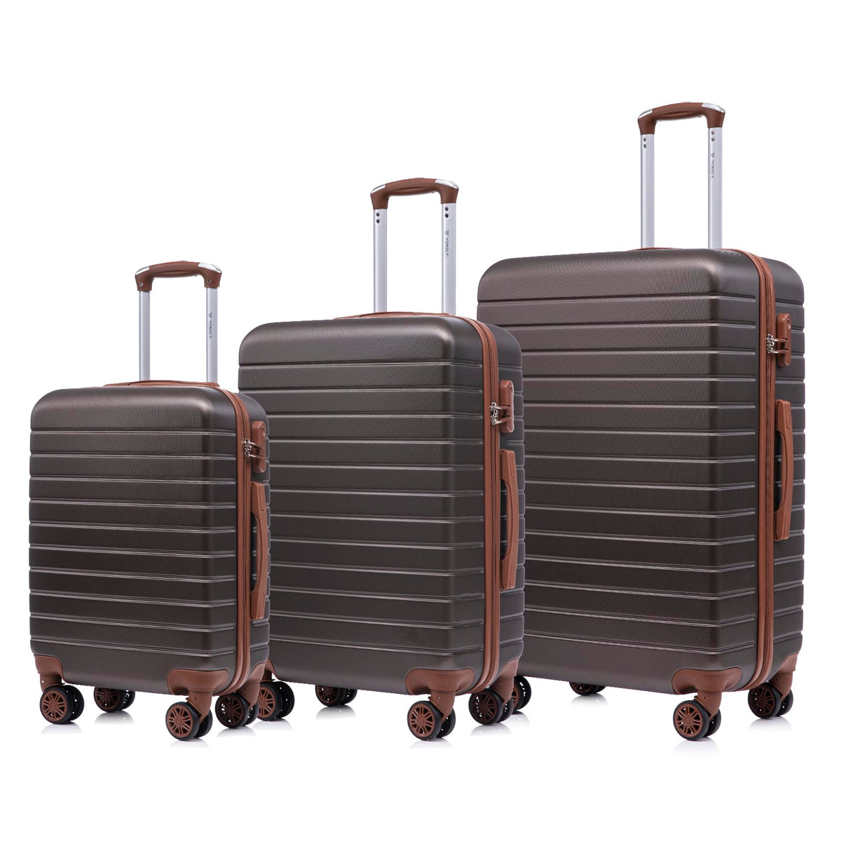 Kofferset mit 3 Hartschalen-Trolleys dunkelgrau, 4 Rollen, Teleskopgriff, braune Kanten