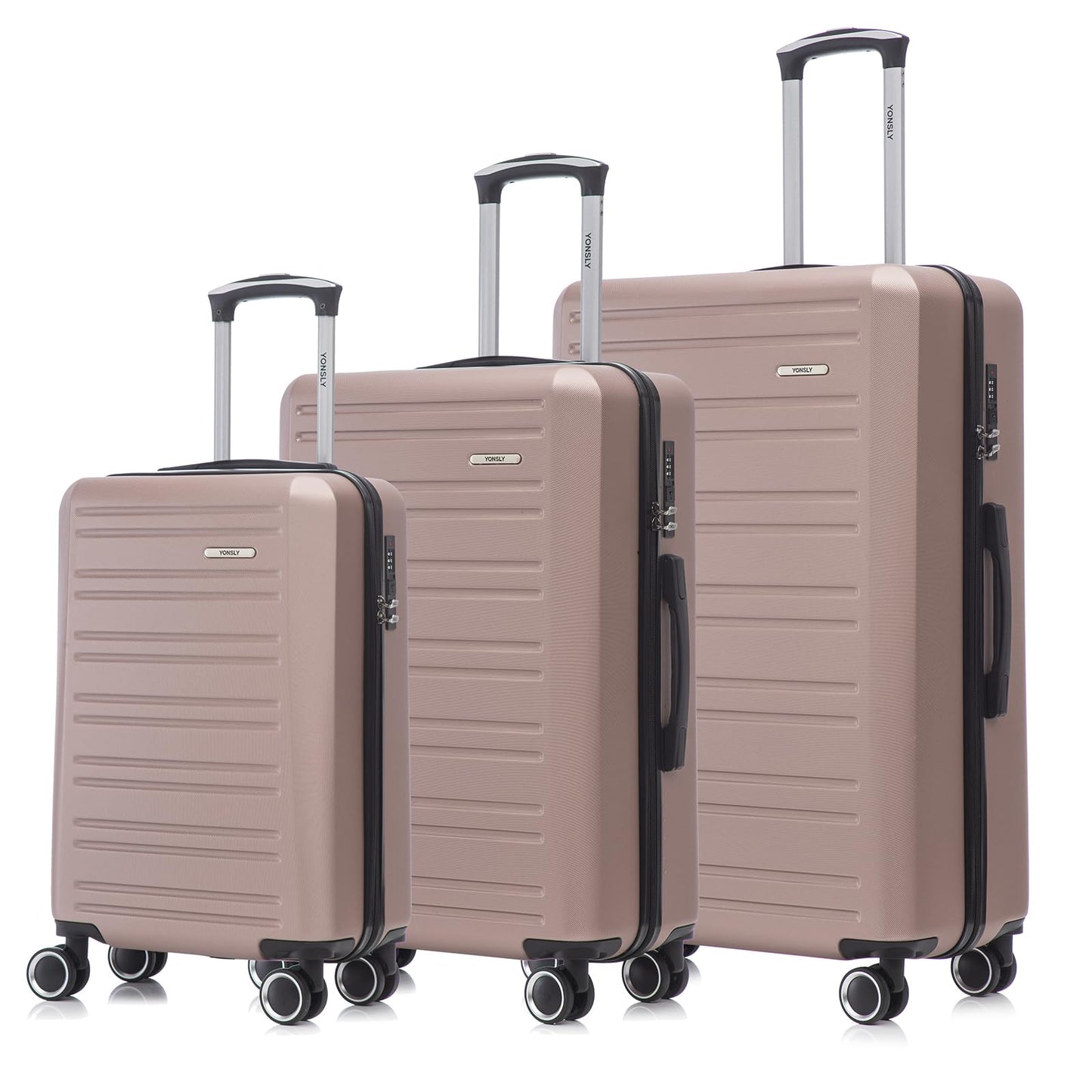 Hartschalen-Kofferset mit 3 Rollkoffern, roségoldfarbener Look, Teleskopgriffe, Doppelrollen
