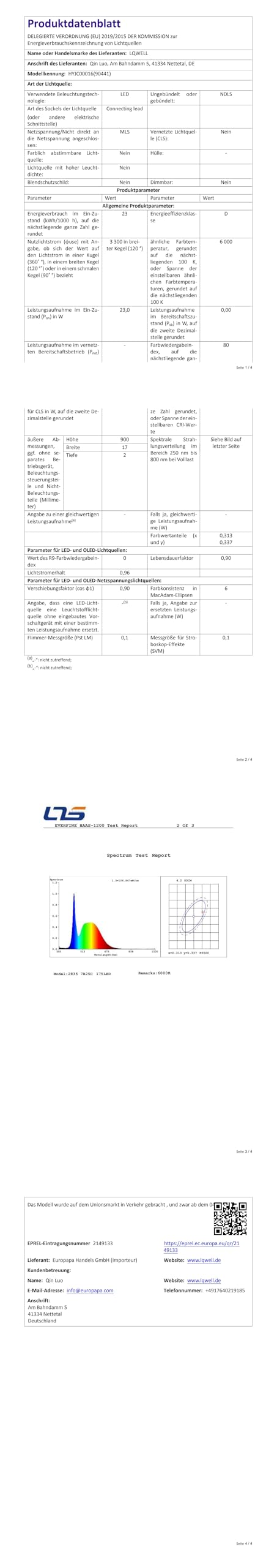 Technisches Datenblatt zur LED-Deckenleuchte, gedruckte Tabelle und Diagramm