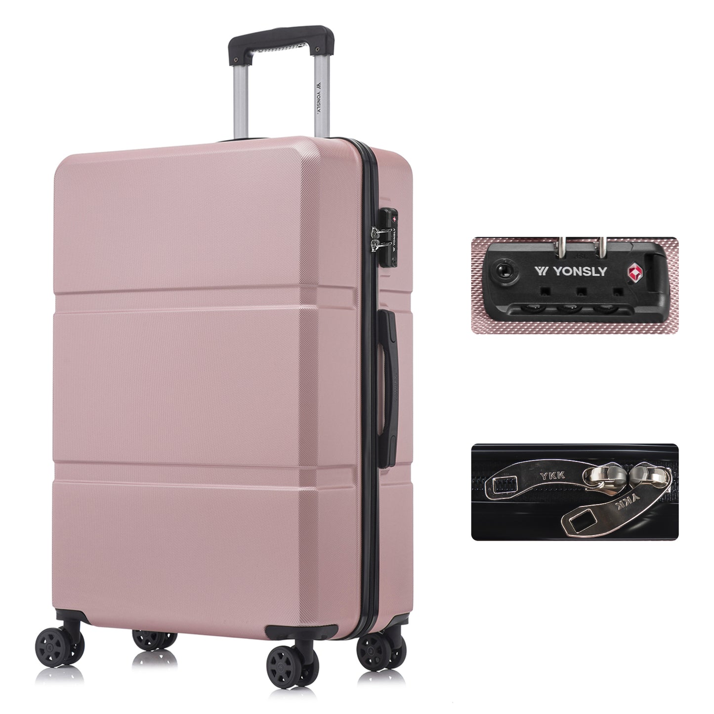 Hartschalen-Reisekoffer Roségold mit 4 Rollen, seitlichem Verschluss und TSA-Schloss-Detail