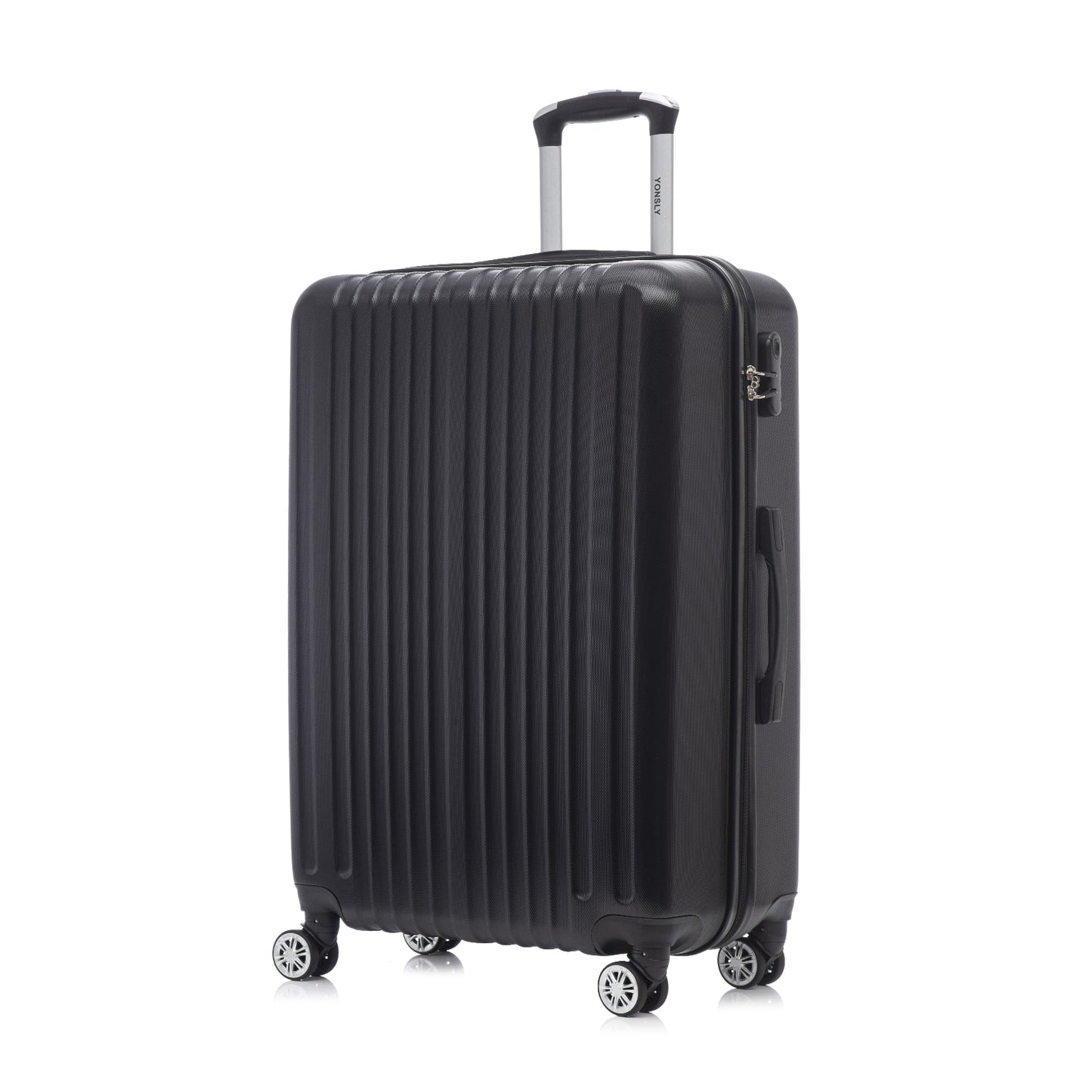 Hartschalen-Reisekoffer (schwarz) von der Seite, 4 Rollen und seitlicher Verschlussriegel