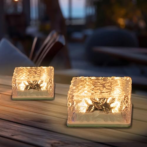 Solar-Glas-Würfelleuchte (Eisstein), goldfarben, mit warmweißem Licht, 2 Stück