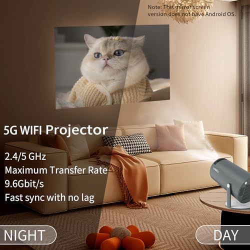 Grauer Mini-Projektor auf Standfuß mit projiziertem Katzenbild