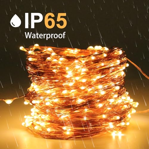 IP65-wasserdichte Solar-Lichterkette mit warmweißen LED-Lichtpunkten im Regen