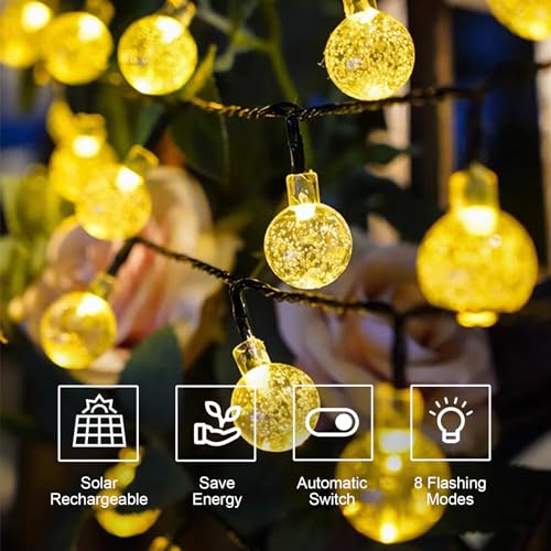 Solar-Lichterkette mit warmweißen Glaskugeln, Steuerbox und 8 Blinkmodi