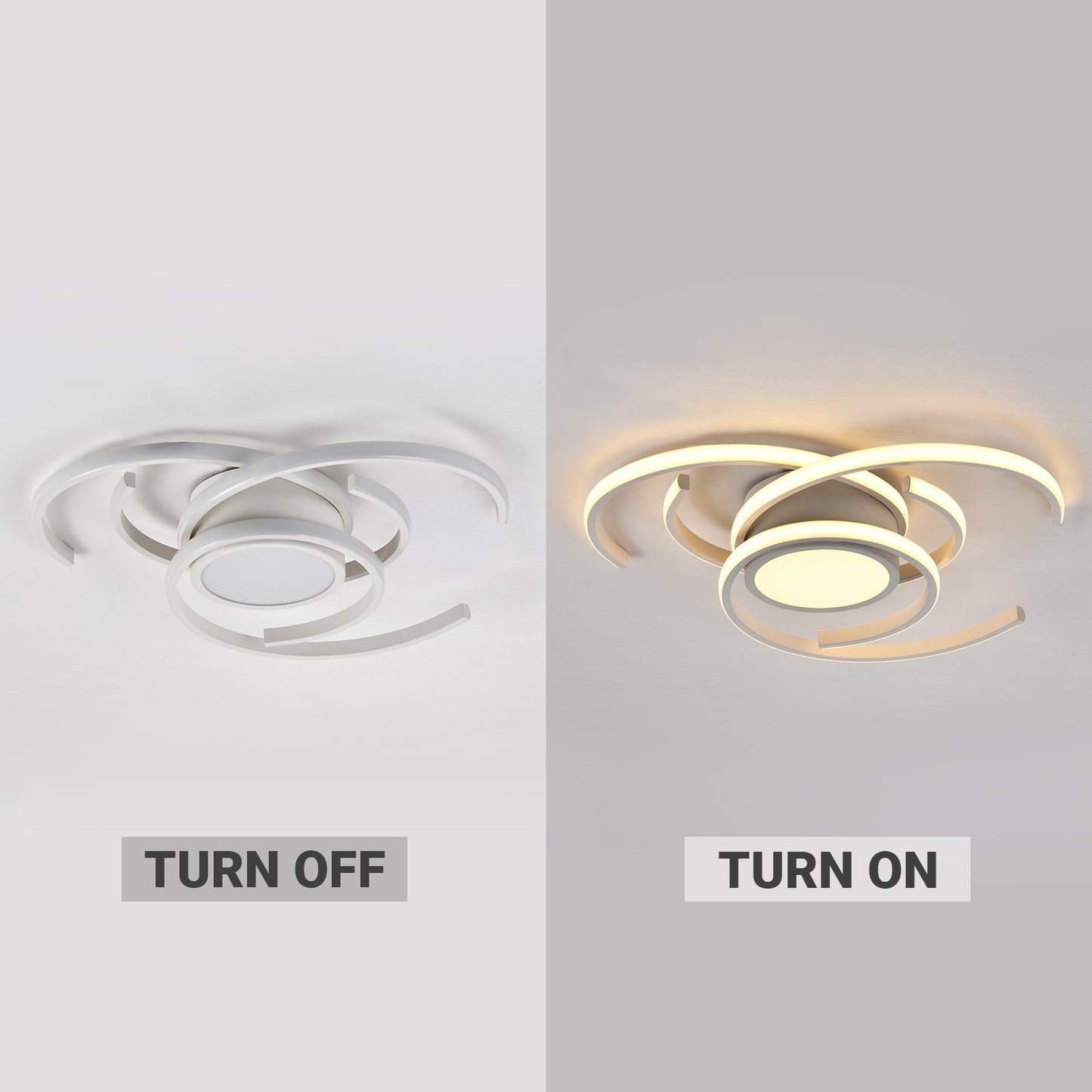 LED-Deckenleuchte, links aus, rechts warmweiß beleuchtet, dreifach ringförmig
