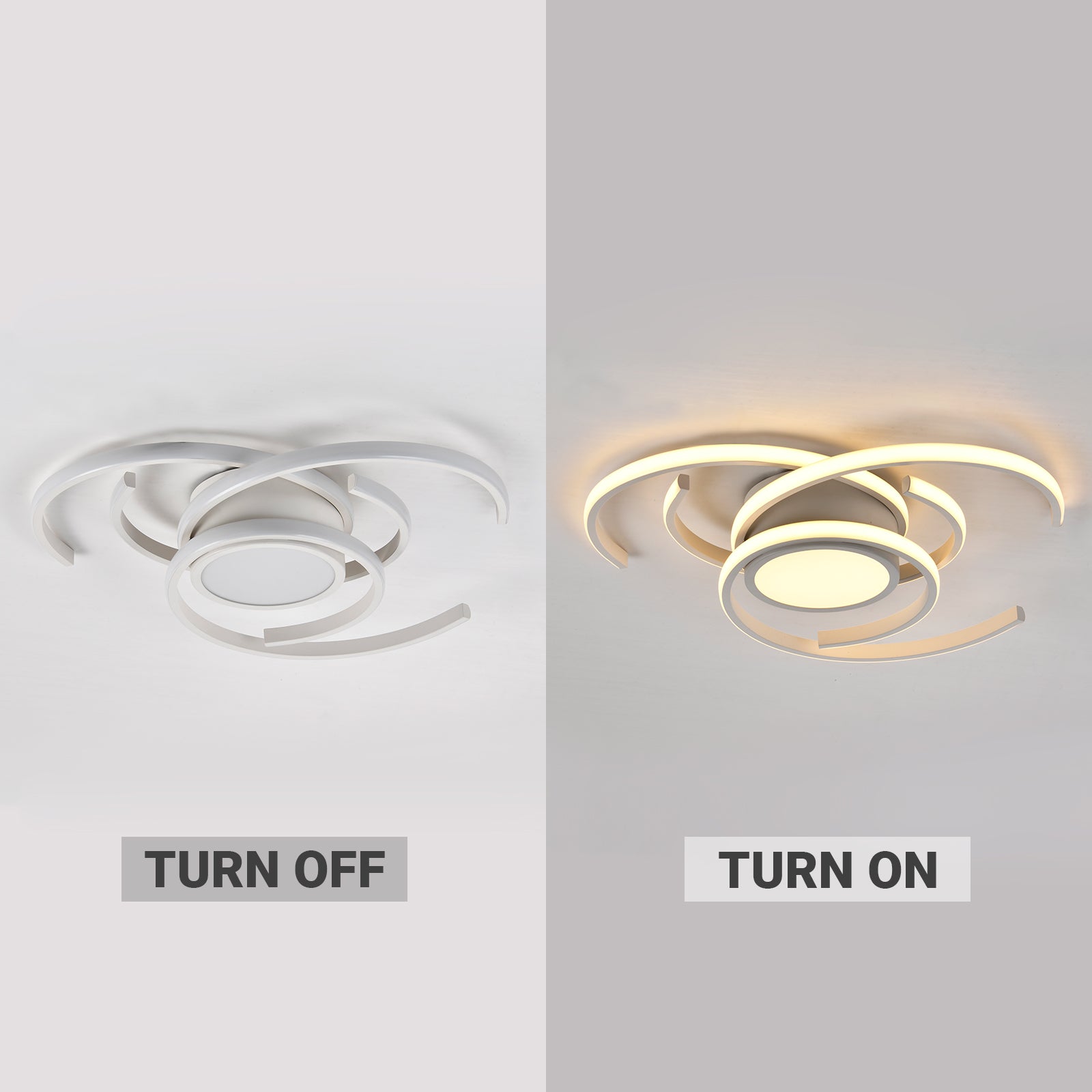 LED-Deckenleuchte, links aus, rechts warmweiß beleuchtet, dreifach ringförmig
