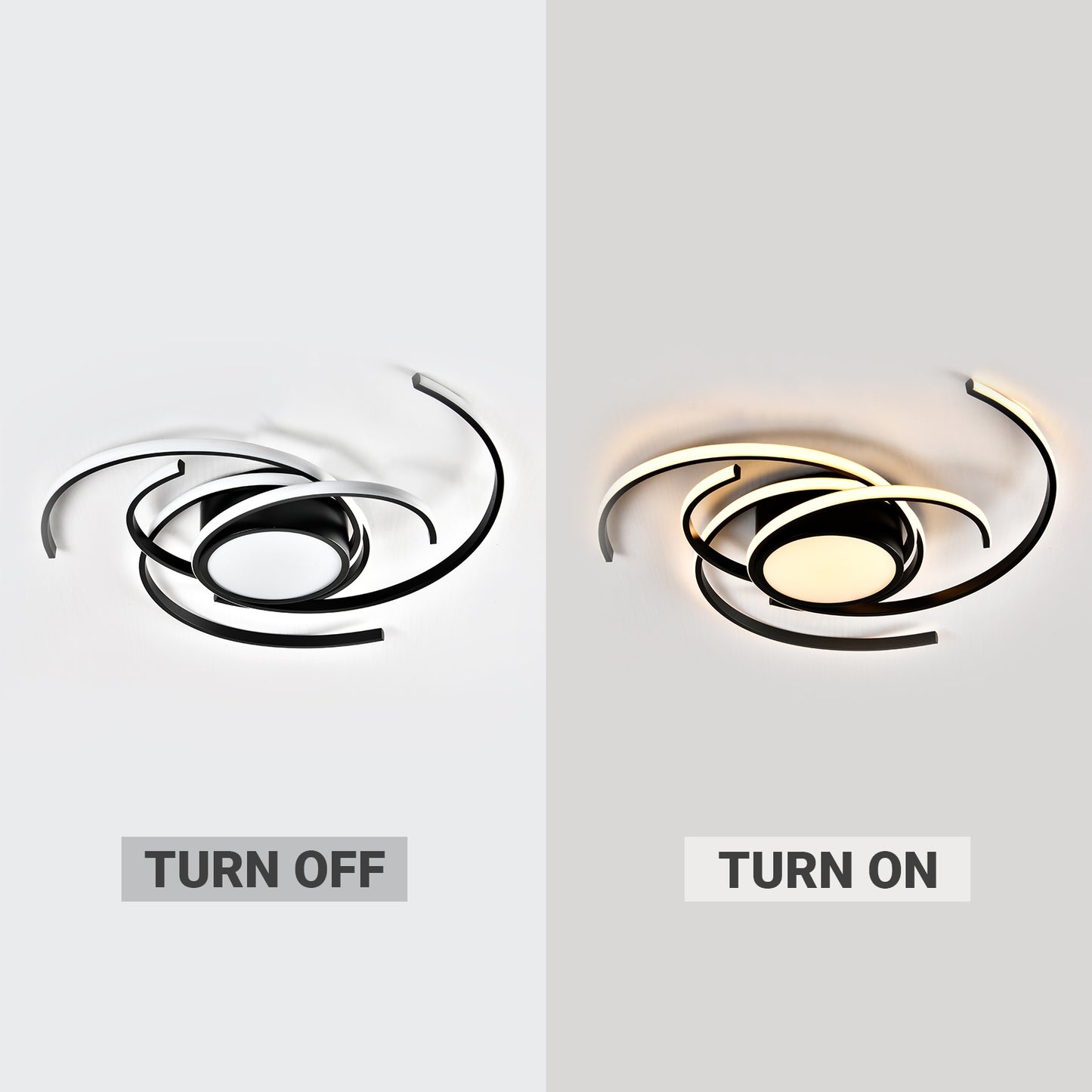 LED-Deckenleuchte im Vergleich: ausgeschaltet und warmweiße Beleuchtung