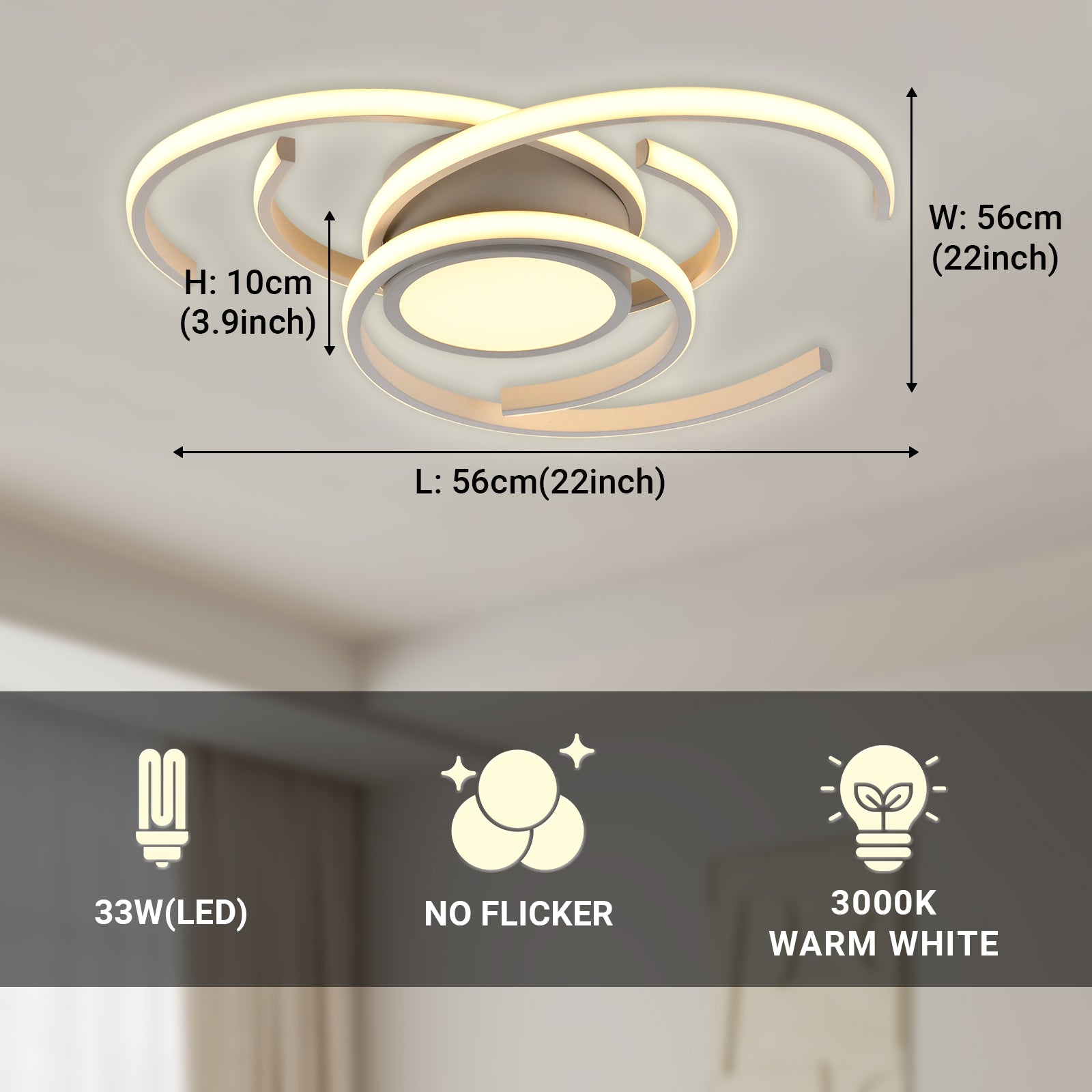 LED-Deckenleuchte mit Maßangaben: L 56 cm, W 56 cm, H 10 cm, warmweiß