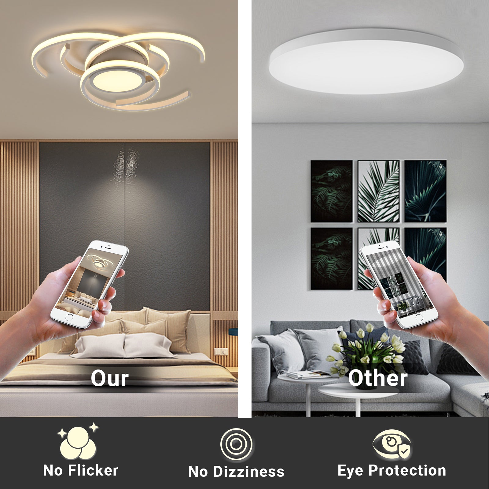 LED-Deckenleuchte mit Smartphone-Steuerung im Wohnzimmer, warmweiß leuchtender Ring