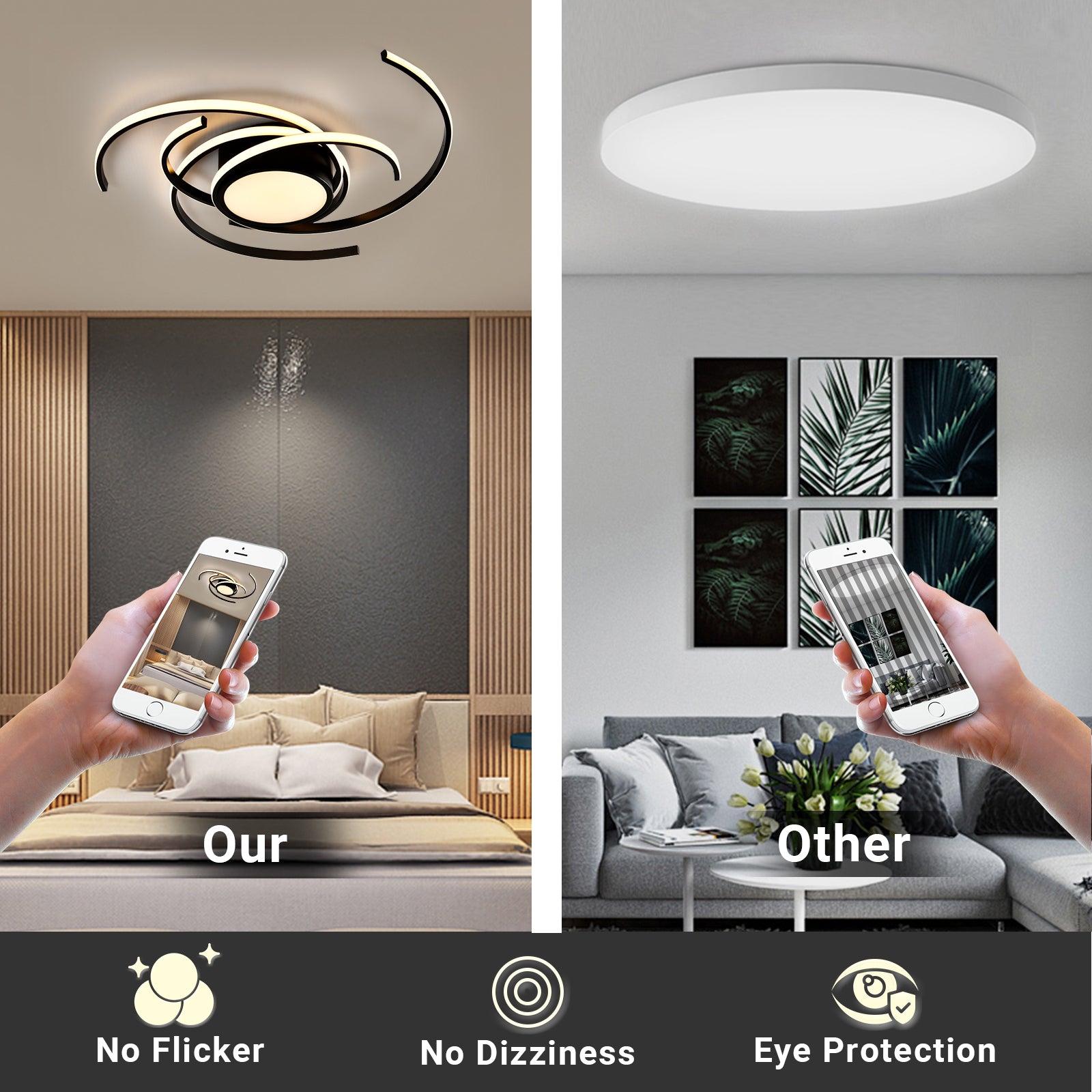 LED-Deckenleuchte mit schwarzem Ring und warmweißer Lichtscheibe, gesteuert per Smartphone