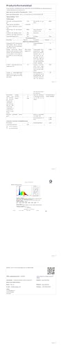 Klemmlampe-Datenblatt: weitere Tabelle technischer Angaben, mit Helligkeitsdiagramm
