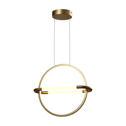 Goldene LED-Pendelleuchte mit rundem Rahmen und hängenden Kabeln, Deckenhalter