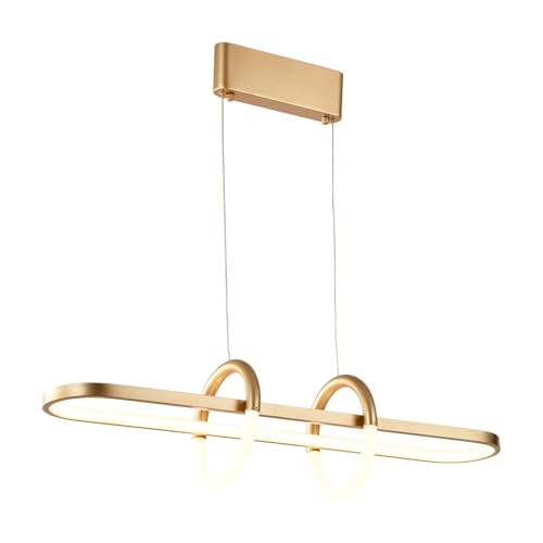 LED-Pendelleuchte mit goldfarbenen ringförmigen Leuchtelementen und zwei Aufhängeseilen