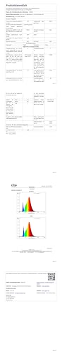 Produktdatenblatt für Nachttischlampe mit Tabellenübersicht und Farbspektrum-Grafik