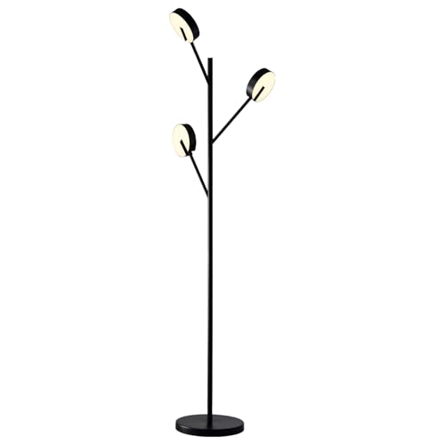 LED-Stehlampe mit drei zylindrischen Lampenköpfen, schwarzem Ständer und runder Basis