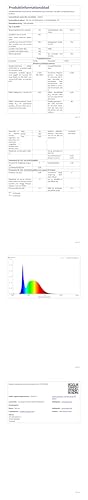 Technisches Datenblatt der LED-Deckenleuchte mit Tabellen und Diagramm