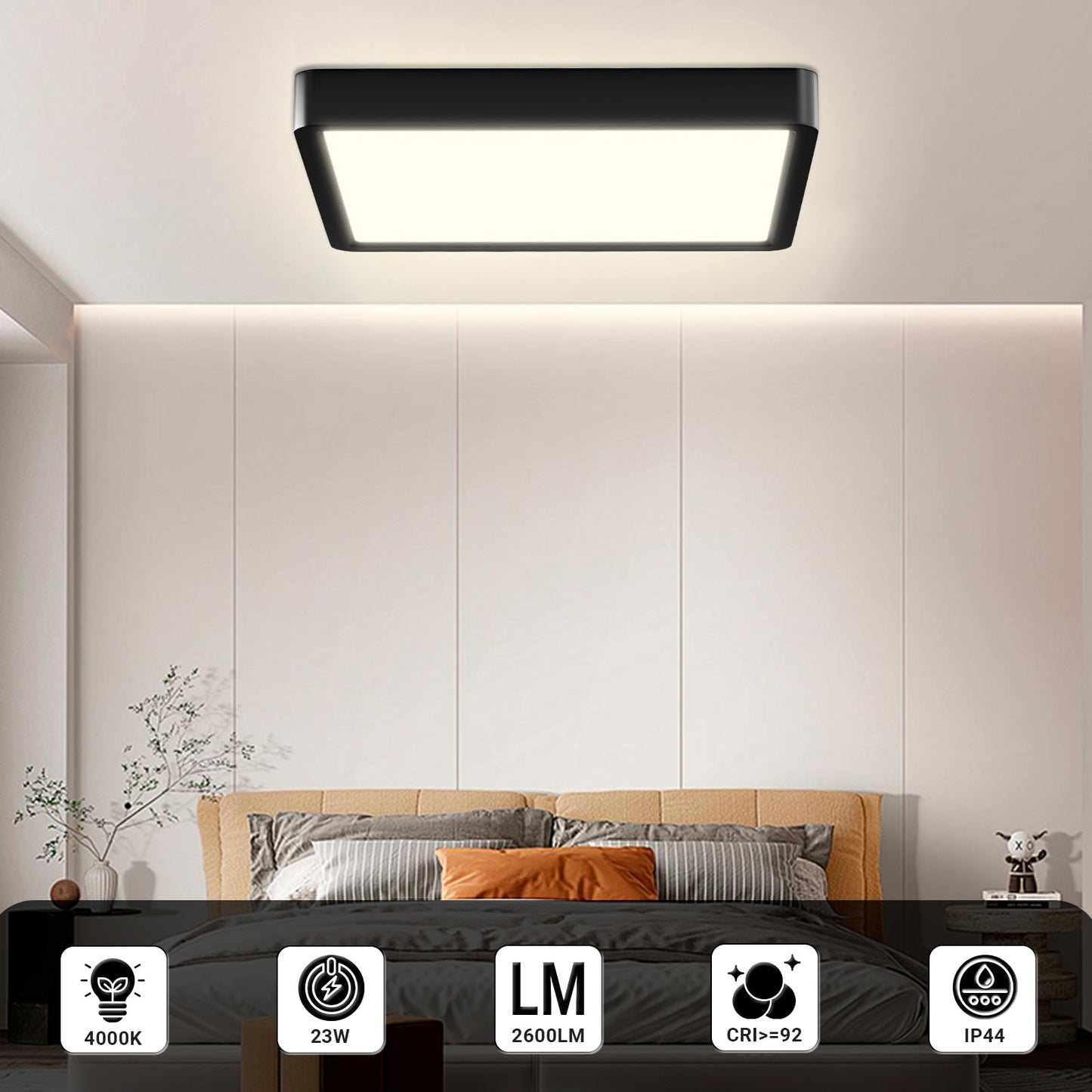 LED-Deckenleuchte mit schwarzem Rahmen und rechteckiger Lichtfläche, flach