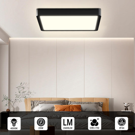 LED-Deckenleuchte mit schwarzem Rahmen und rechteckiger Lichtfläche, flach