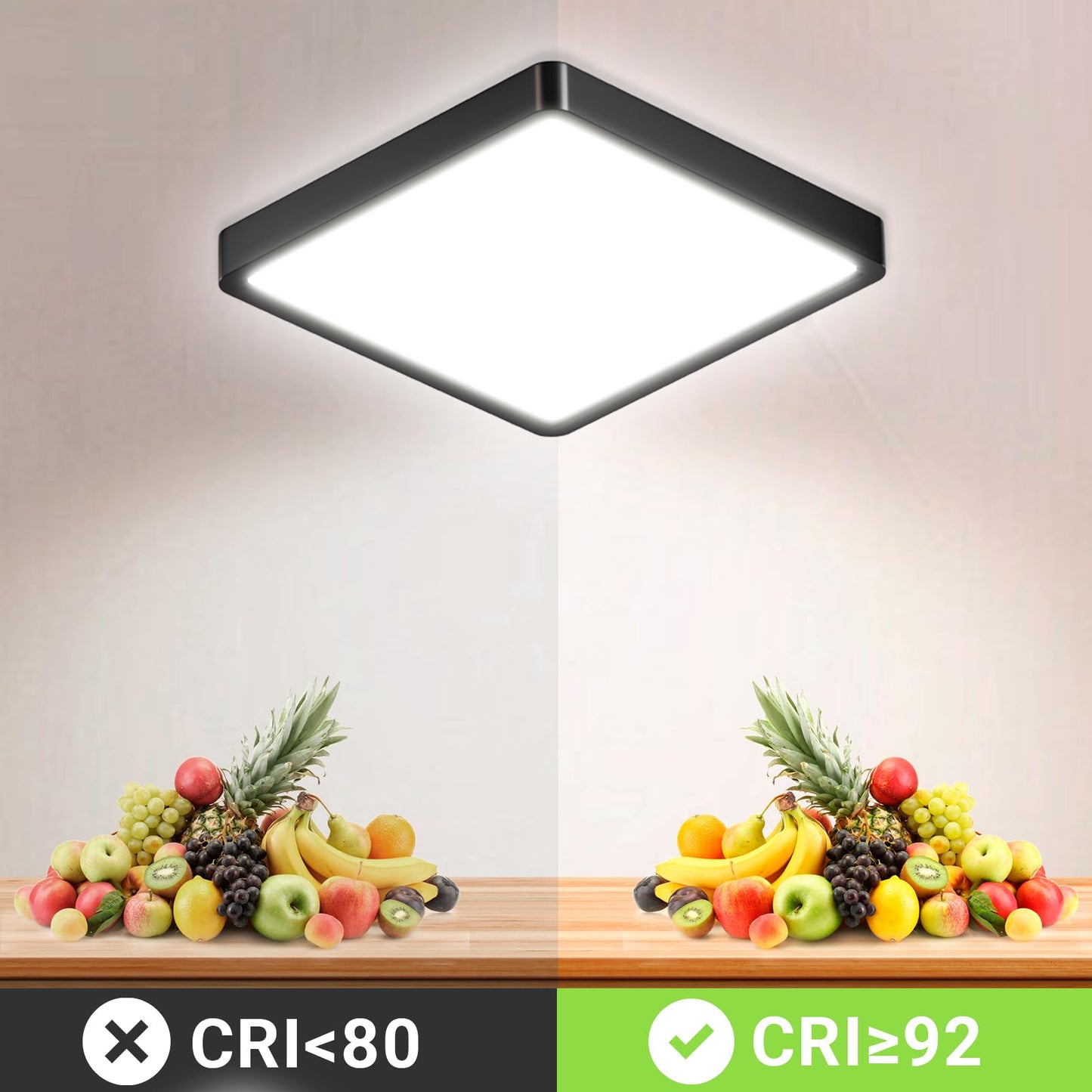 Quadratische LED-Deckenleuchte mit schwarzer Umrandung und flachem LED-Lichtfeld