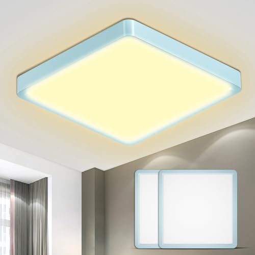 Quadratische LED-Deckenleuchte mit flachem Lichtpanel und hellblauem Rahmen
