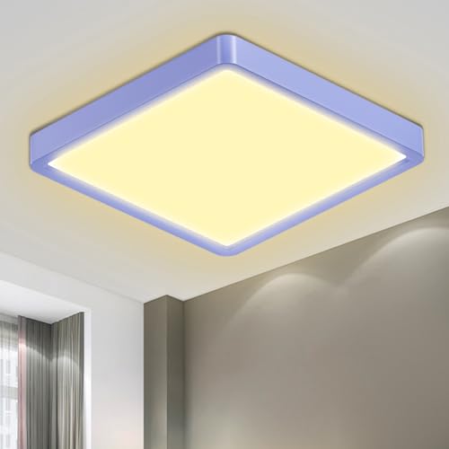 Quadratische LED-Deckenleuchte mit bläulichem Rahmen und warmweißem Licht