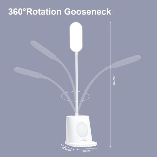 Weiße LED-Schreibtischlampe mit flexiblem 360°-Gänsehals, Maßangaben am Bild