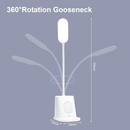 Weiße LED-Schreibtischlampe mit flexiblem 360°-Gänsehals, Maßangaben am Bild