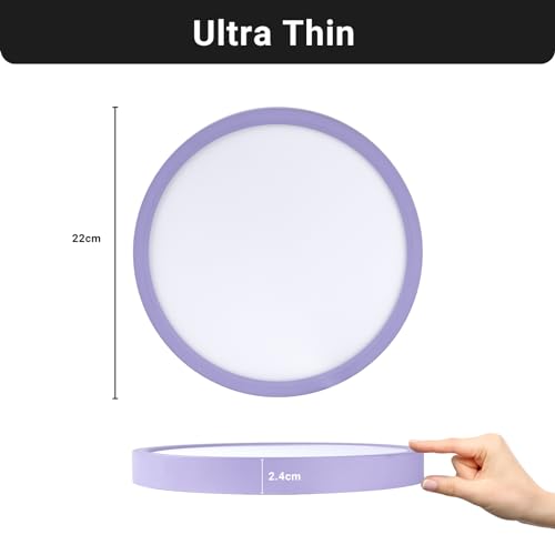 Ultradünne runde LED-Deckenleuchte mit lila Ring und Maßangabe 22 cm