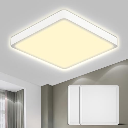 Flache quadratische LED-Deckenleuchte mit umlaufendem Lichtkranz, weiß