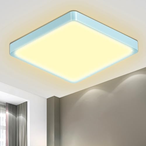 LED-Deckenleuchte quadratisch, flach, hellblauer Rahmen, warmweißes Licht
