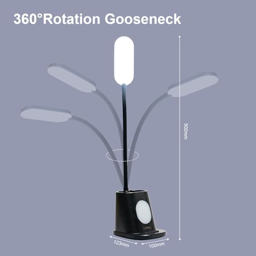 LED-Schreibtischlampe mit 360° Gänsegeisarm und Maßangaben, schwarz.