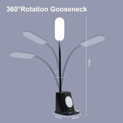 LED-Schreibtischlampe mit 360° Gänsegeisarm und Maßangaben, schwarz.