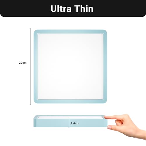 Ultraflache quadratische LED-Deckenleuchte mit weißem Lichtpanel und hellblauem Rahmen