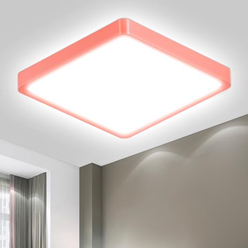 Quadratische LED-Deckenleuchte mit rotem Rahmen und weißem Licht, flach montiert