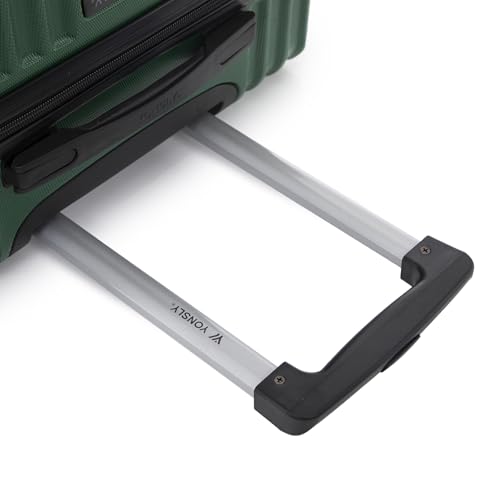 Trolley-Reisekoffer mit ausziehbarem Aluminiumgriff, befestigt an grüner Hartschale