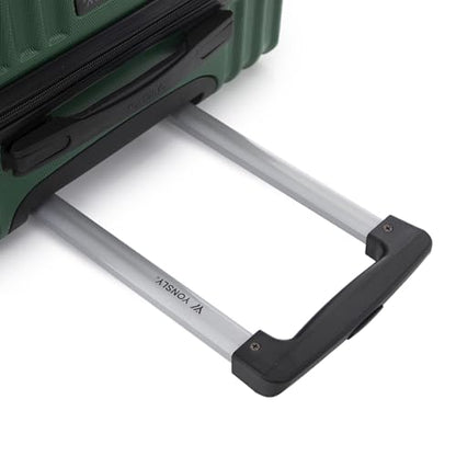 Trolley-Reisekoffer mit ausziehbarem Aluminiumgriff, befestigt an grüner Hartschale