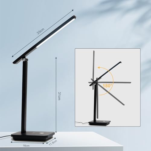 Schreibtischlampe mit schwarzem Stativ und LED-Balken, 180° Drehwinkel im Detail