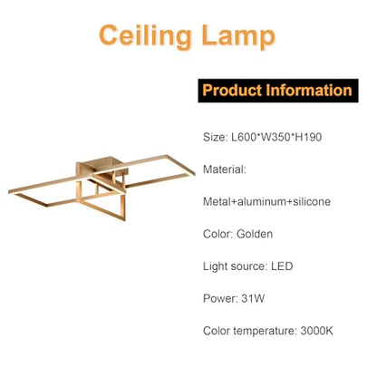 Geometrische Deckenleuchte mit goldfarbenem Metallrahmen und LED-Lichtleisten, flach