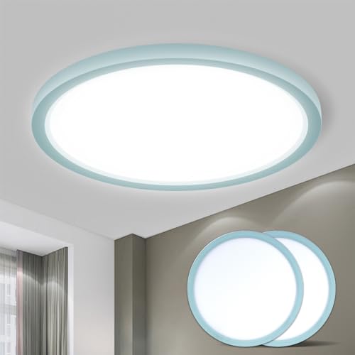 Flache LED-Deckenleuchte mit rundem Rahmen, hellblauem Außenring und weißer Lichtfläche