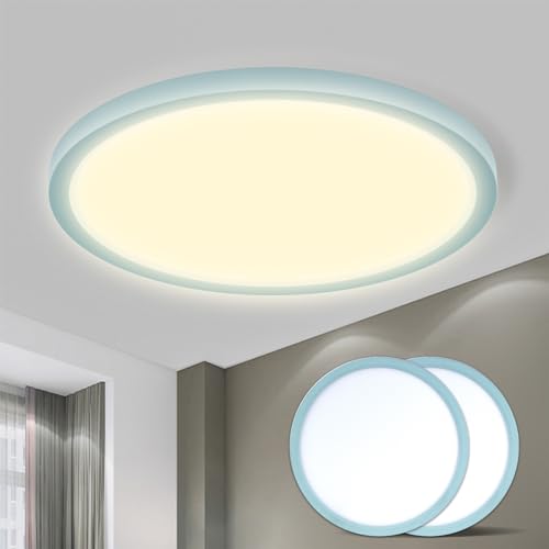 Runde LED-Deckenleuchte mit blauem Rand und warmweißem Licht, flach