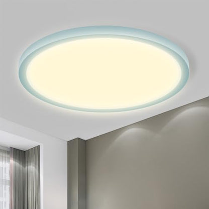 Runde LED-Deckenleuchte, flach, warmweiß leuchtend, lichtabdeckring hellblau