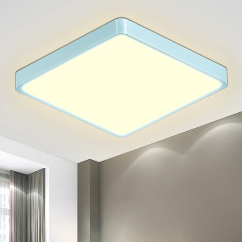 Quadratische LED-Deckenleuchte mit hellblauem Rahmen, flaches Profil, warmweißes Licht