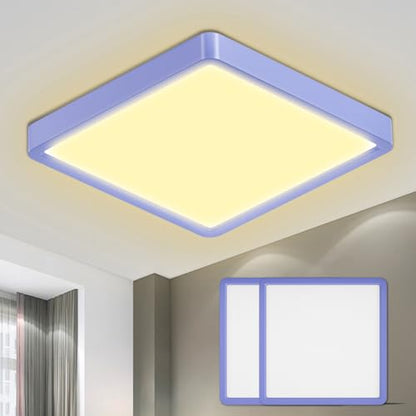 Quadratische LED-Deckenleuchte mit blauem Rahmen und warmweißem Licht